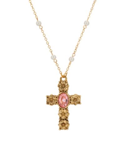 Symbols of Faith Золотистое ожерелье с крестом, розой и имитацией жемчуга 28"