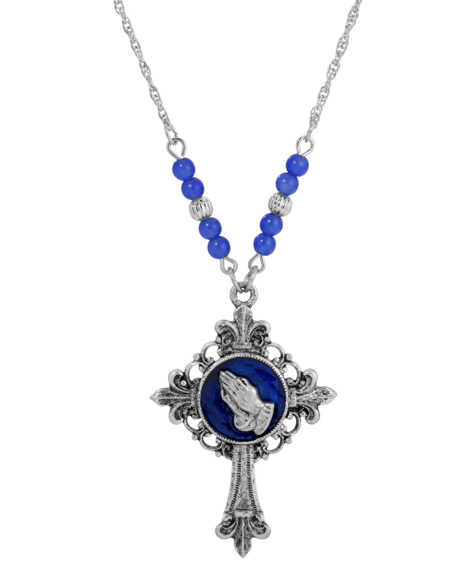 Symbols of Faith Silver-Tone Cross Blue Enamel Praying Hands 18" Necklace