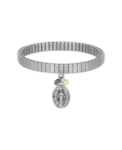 Symbols of Faith Silver Tone Oval Miraculous Medal Charm Pearl Montana Bead Stretch Bracelet