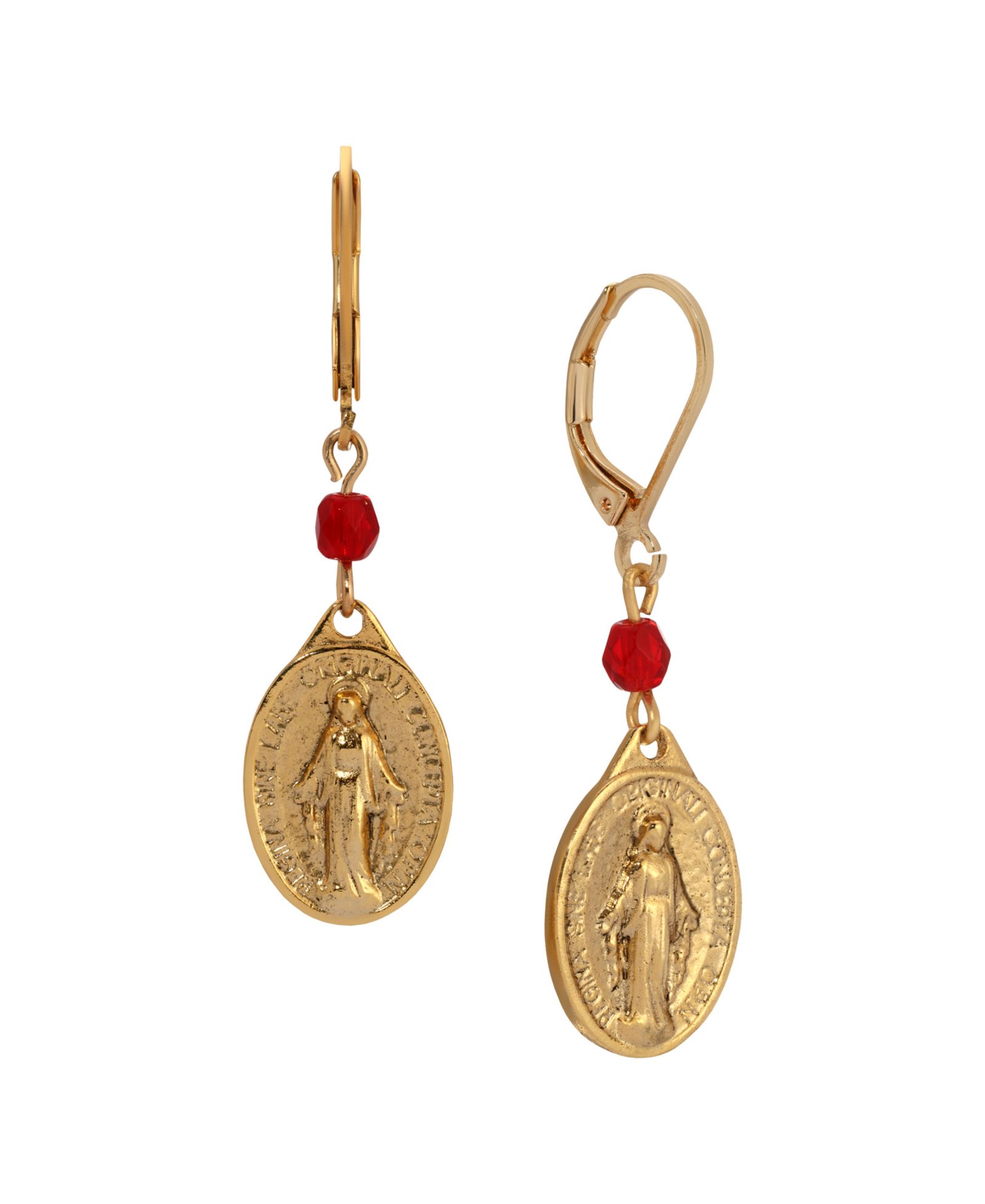 Серьги-подвески Symbols of Faith Gold Tone Oval Miraculous Medal Charm с красной бусиной