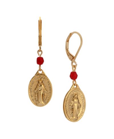 Серьги-подвески Symbols of Faith Gold Tone Oval Miraculous Medal Charm с красной бусиной
