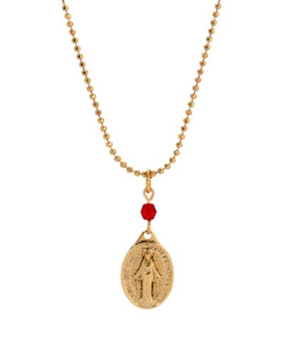 Symbols of Faith Gold-Tone Oval Miraculous Medal Charm Red Bead 16" Necklace