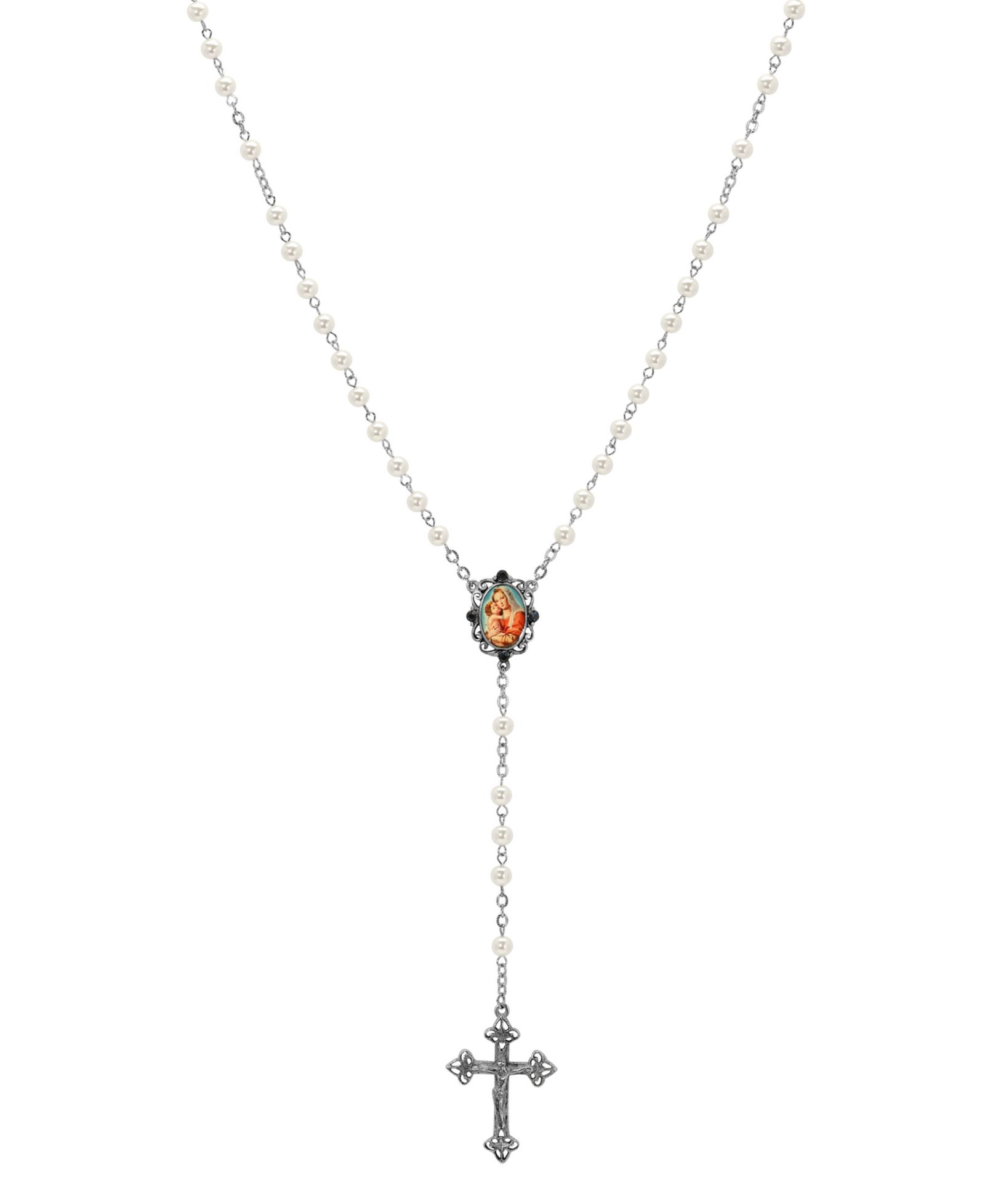 Symbols of Faith Silver-Tone Crucifix Mary Child Decal Imitation Pearl Bead Rosary