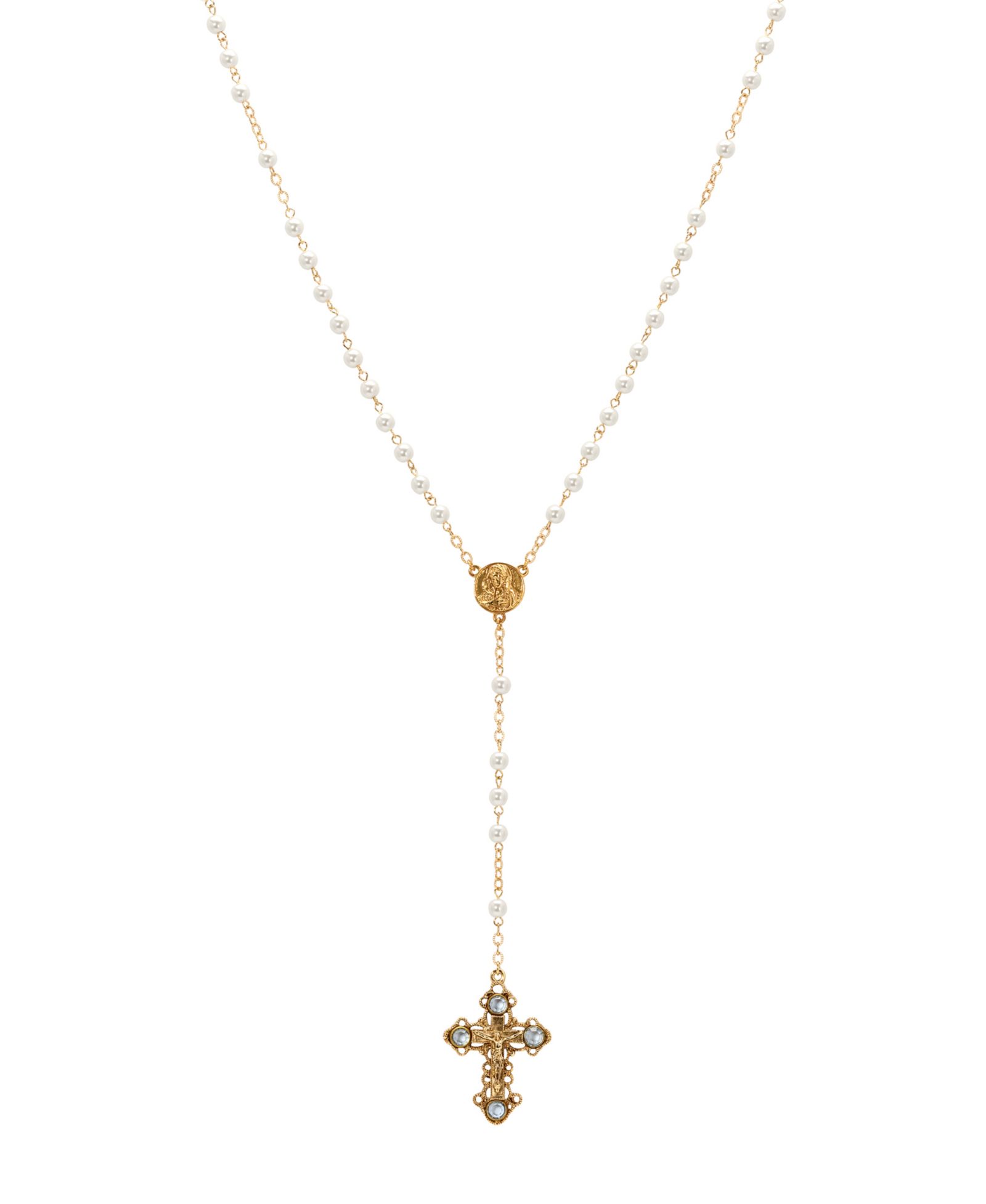 Symbols of Faith Gold-Tone Crucifix Sapphire Stones Imitation Pearl Beaded Chain Rosary