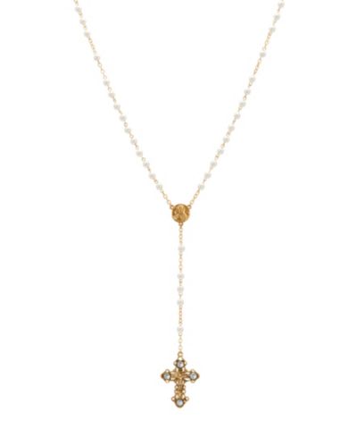 Розарий Symbols of Faith Gold-Tone Crucifix Sapphire Stones Imitation Pearl Beaded Chain
