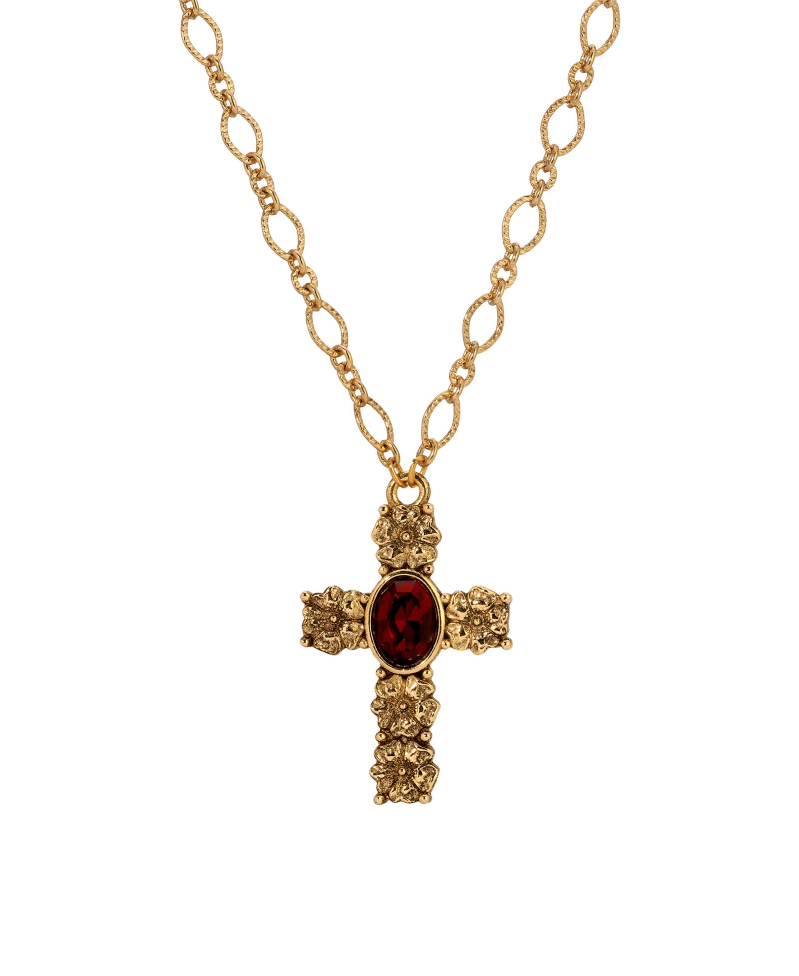 Symbols of Faith Gold-Tone Cross Garnet Oval Stone 28" Necklace