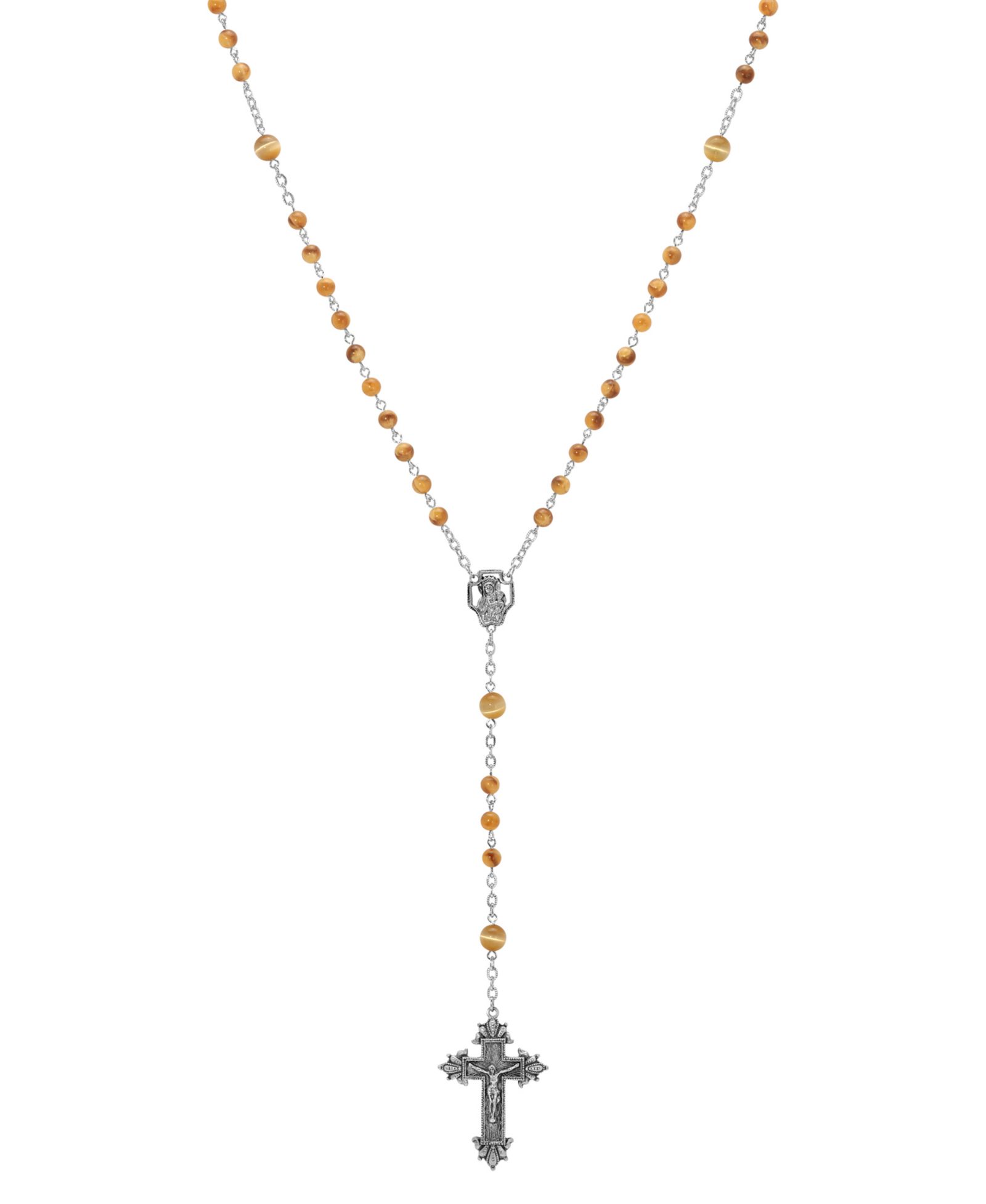 Symbols of Faith Silver-Tone Brown Beaded Crucifix Rosary
