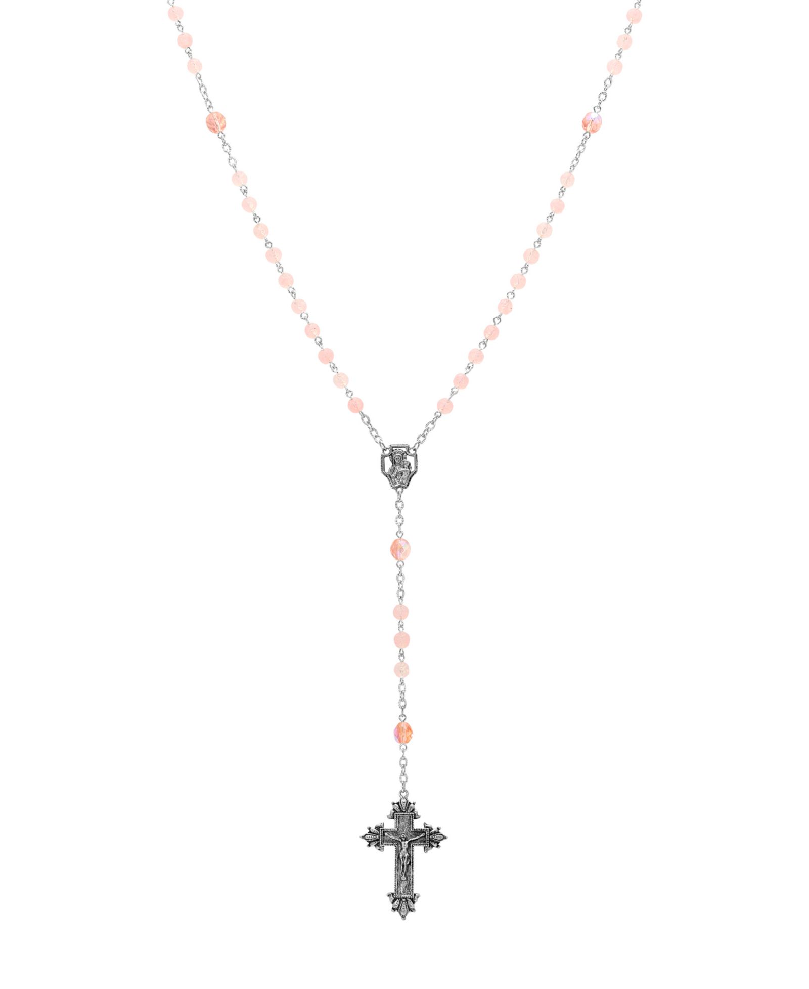Symbols of Faith Silver-Tone Light Pink Beaded Crucifix Rosary