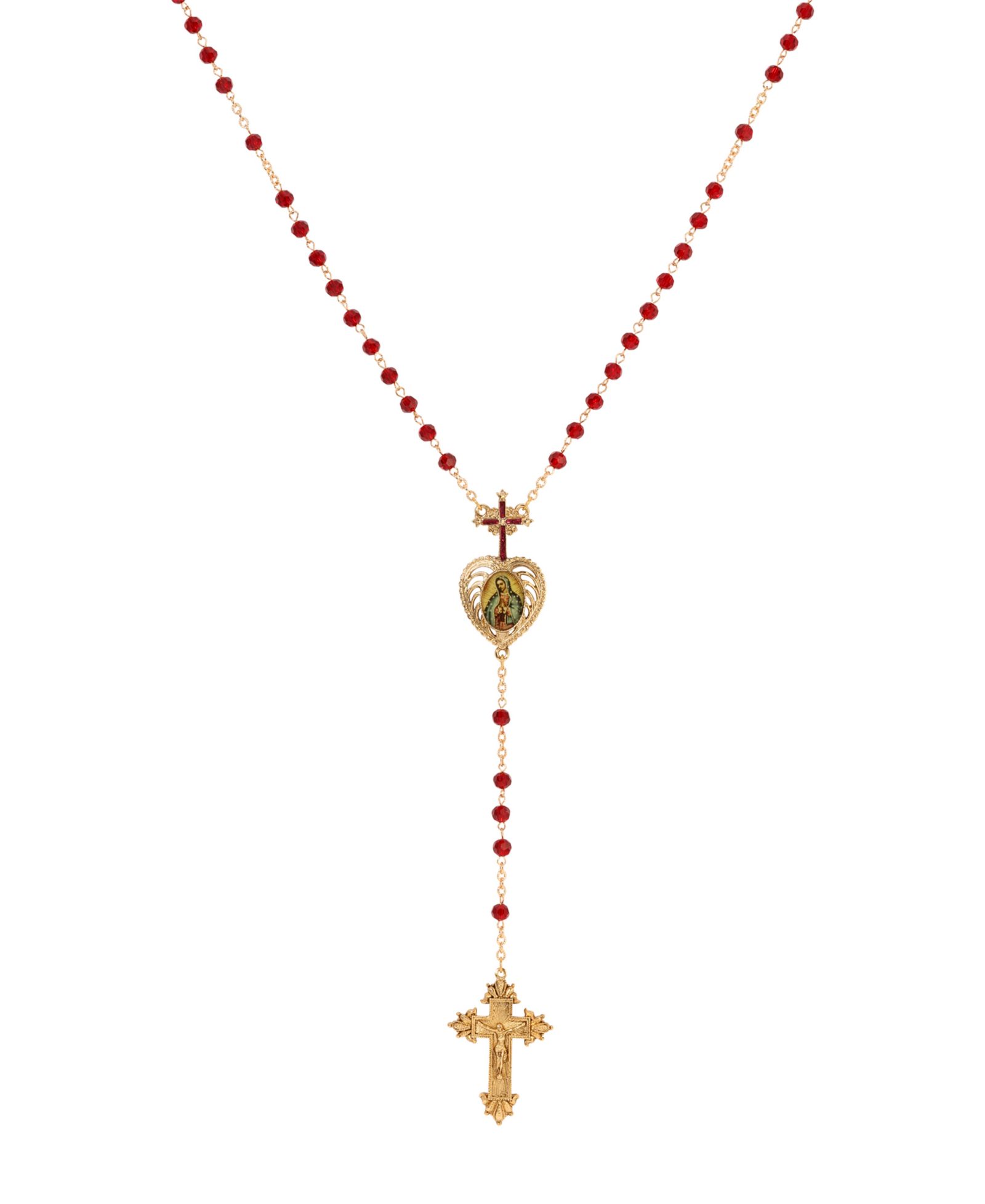 Ожерелье-розарий Symbols of Faith Gold Tone Cross Heart Lady Of Guadalupe Decal Red Bead Chain
