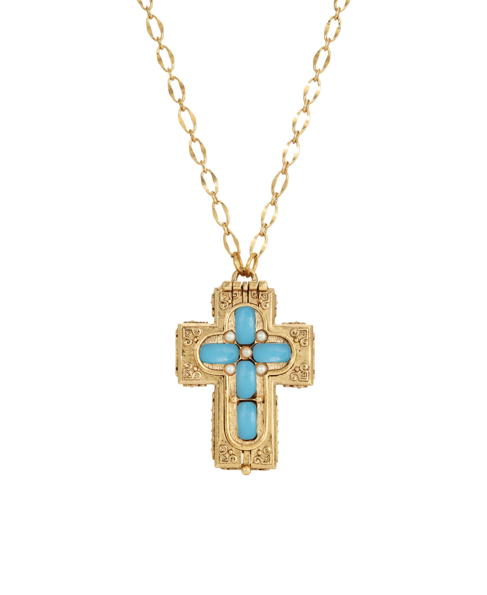 Symbols of Faith 14k Gold Dipped Aqua Blue Moonstone Cross Locket Pendant 32" Necklace