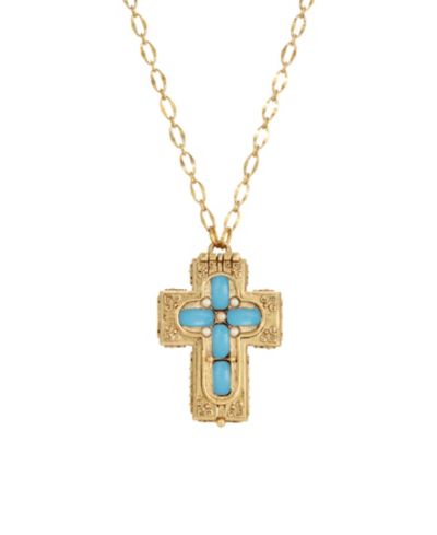 Подвеска-медальон Symbols of Faith с крестом из аквамаринового лунного камня, покрытая 14k золотом, ожерелье 32"