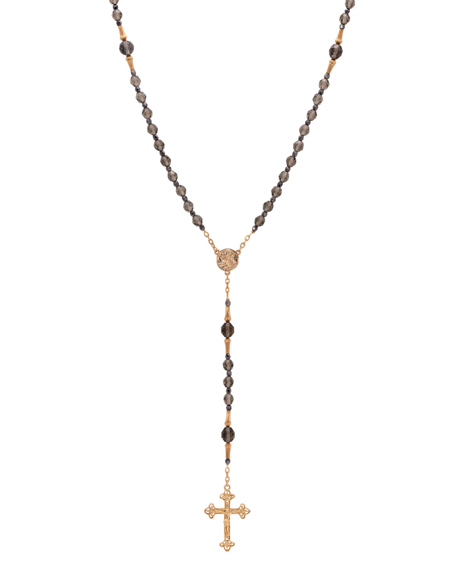 Ожерелье Symbols of Faith Gold Tone Black Diamond Bead Virgin Mary Crucifix Rosary