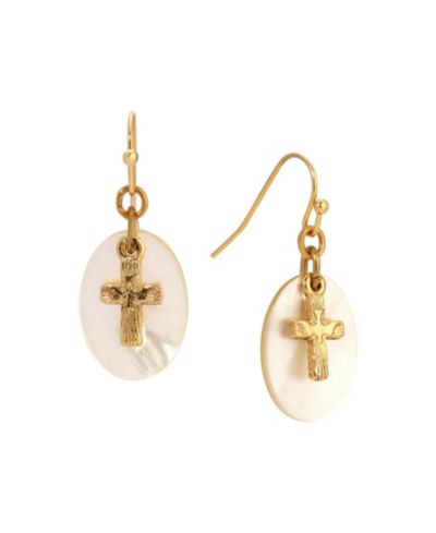 Серьги Symbols of Faith Gold Tone Cross Mother Of Pearl Wire