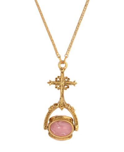 Symbols of Faith 14k Gold Dipped Cross Multi Hue Pink Stones Spinner 30" Necklace