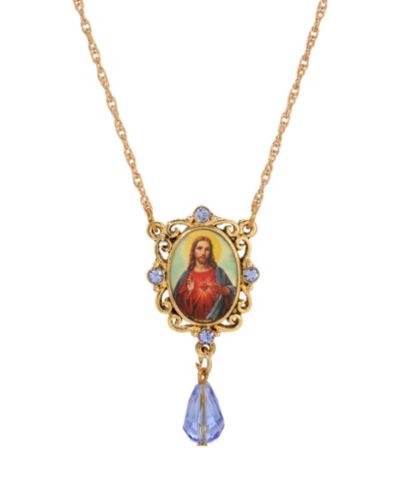 Symbols of Faith Gold-Tone Oval Decal Jesus Pendant Blue Bead 18" Necklace