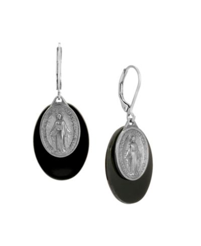 Серьги Symbols of Faith Silver Tone Oval Black Acrylic Stone Miraculous Medal Leverback