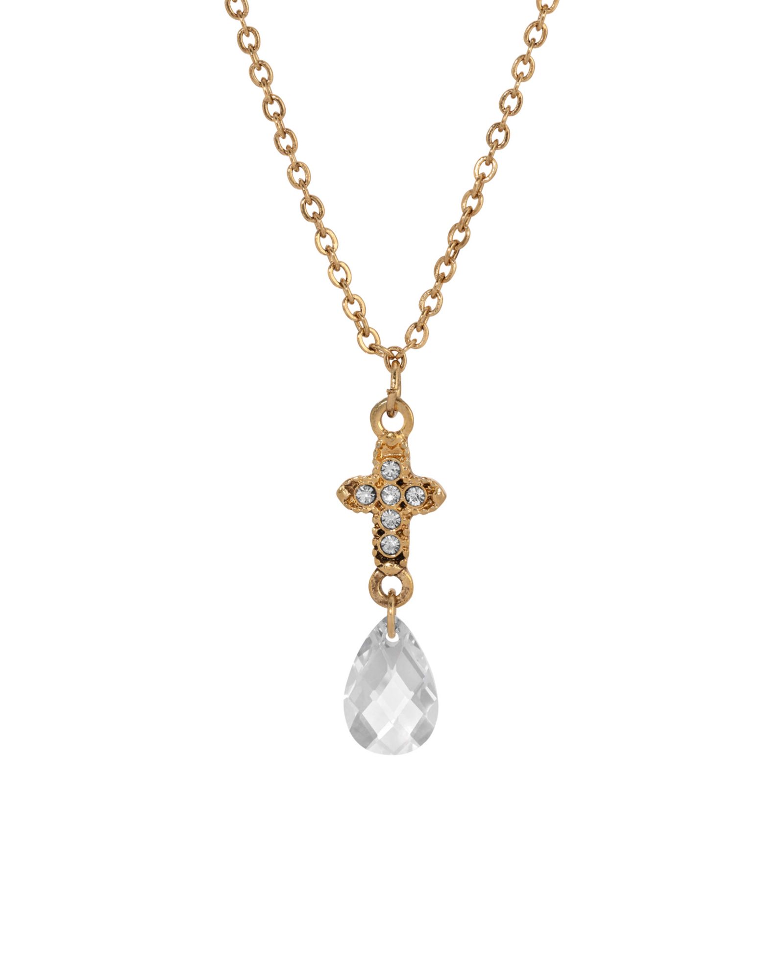 Symbols of Faith Gold-Tone Cross with Clear Crystals Clear Briolette Drop 16" Necklace