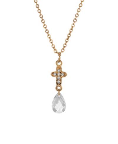 Symbols of Faith Gold-Tone Cross with Clear Crystals Clear Briolette Drop 16" Necklace