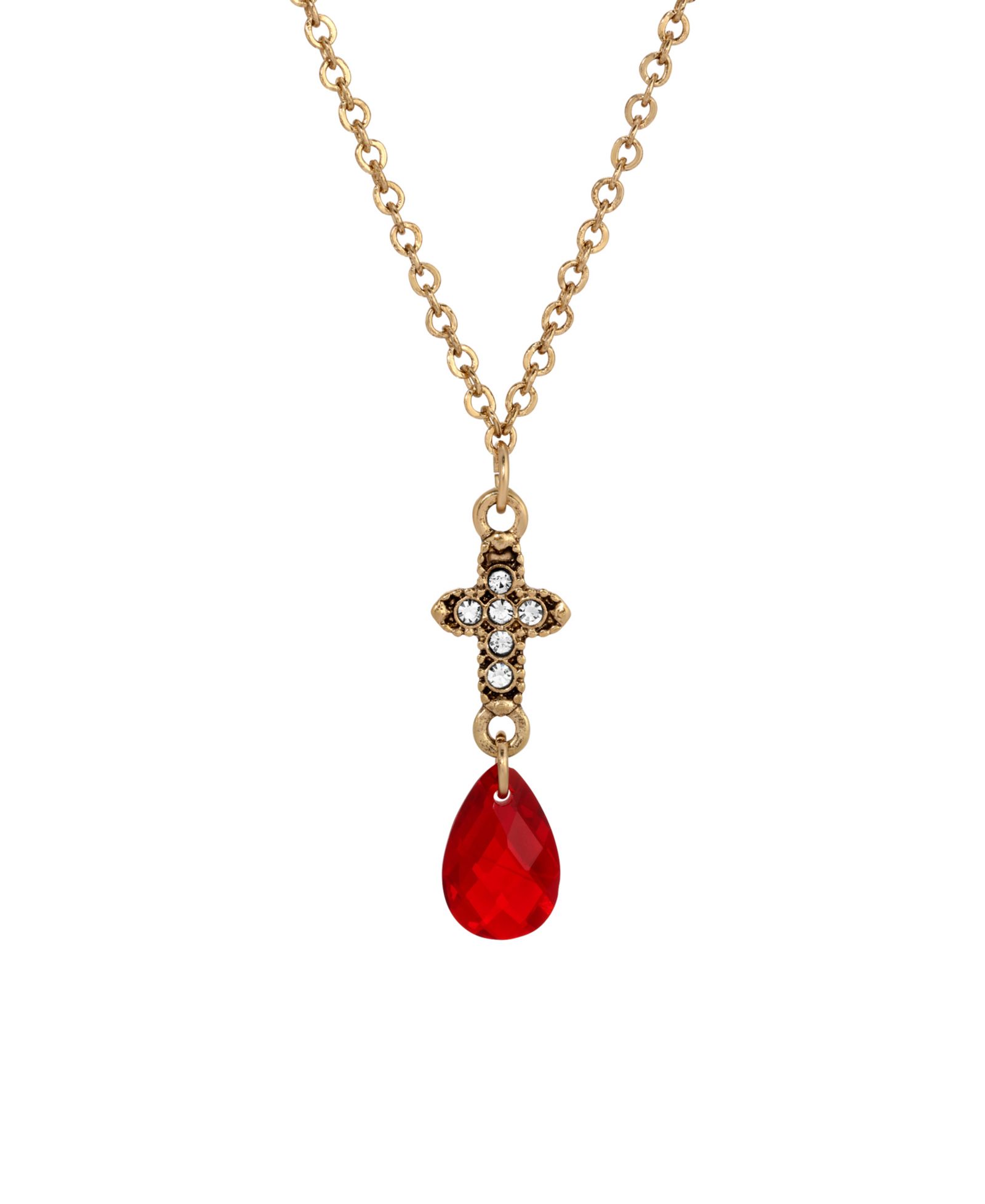Ожерелье Symbols of Faith Gold-Tone Cross Clear Crystals Red Briolette Drop 16"
