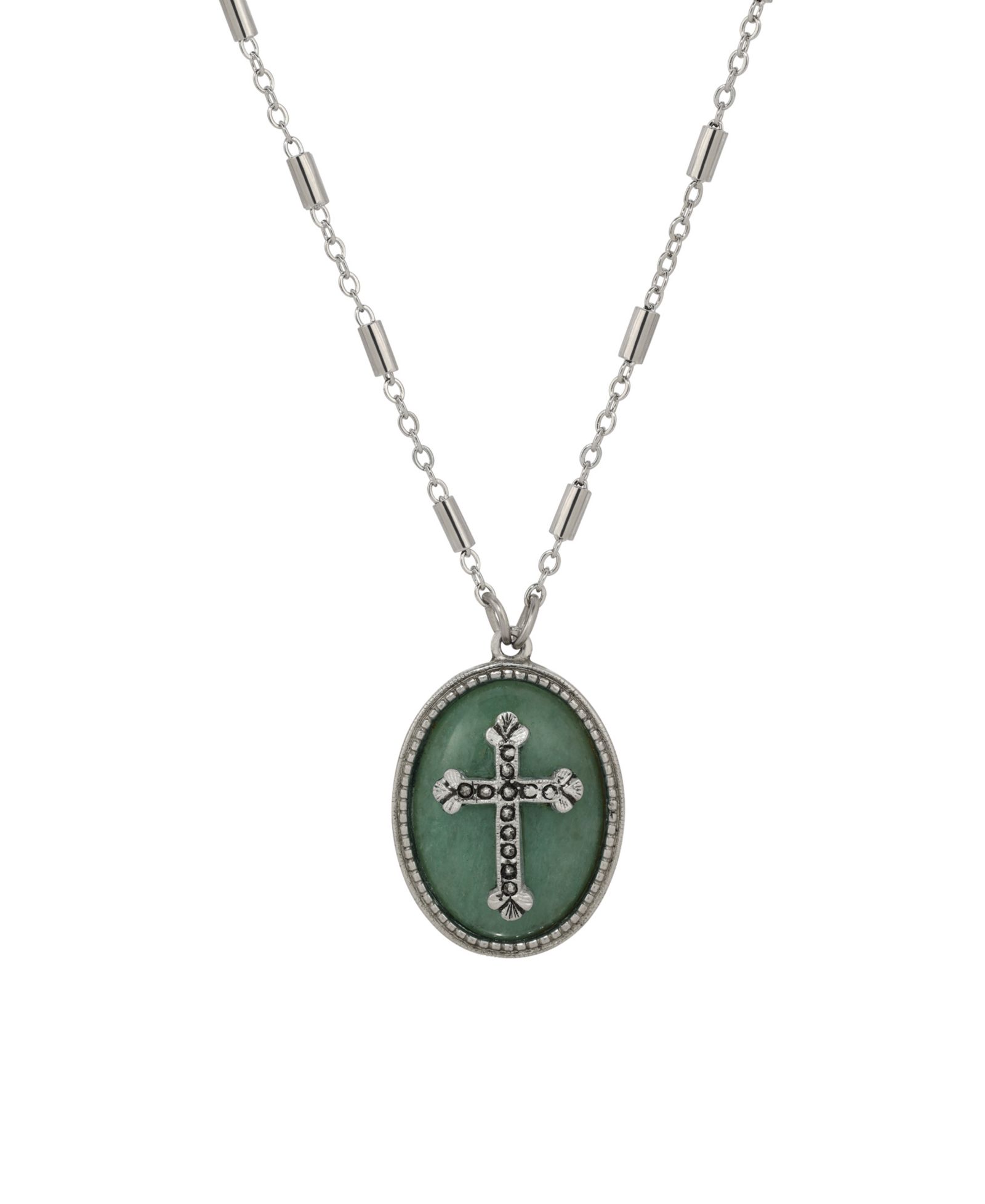 Подвеска Symbols of Faith Silver-Tone Oval Adventurine Stone Pewter Cross, 18"