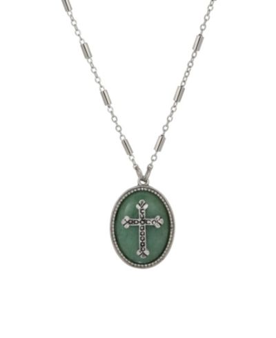 Symbols of Faith Silver-Tone Oval Adventurine Stone Pewter Cross 18" Necklace