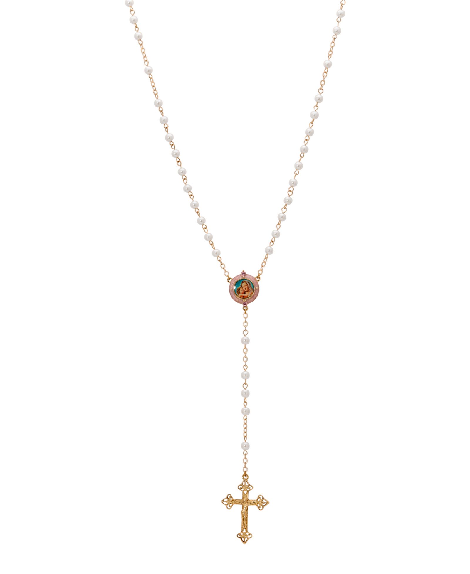 Symbols of Faith 14k Gold Dipped Mary Child Decal Imitation Pearl Rosary