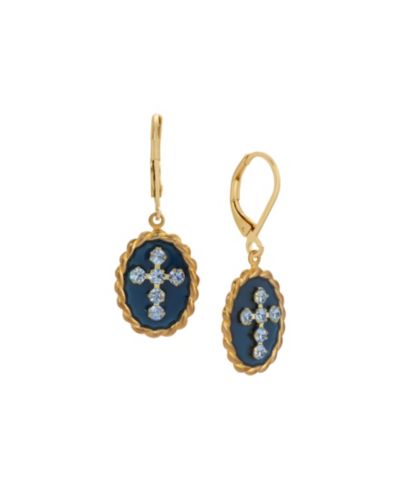 Серьги Symbols of Faith 14k Gold Dipped Blue Enamel Lt Sapphire Crystals Cross Leverback