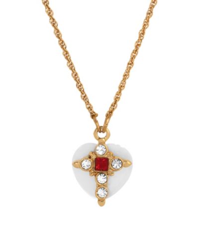 Symbols of Faith 14k Gold Dipped Clear Red Crystals Imitation Pearl Heart 16"+3" Necklace