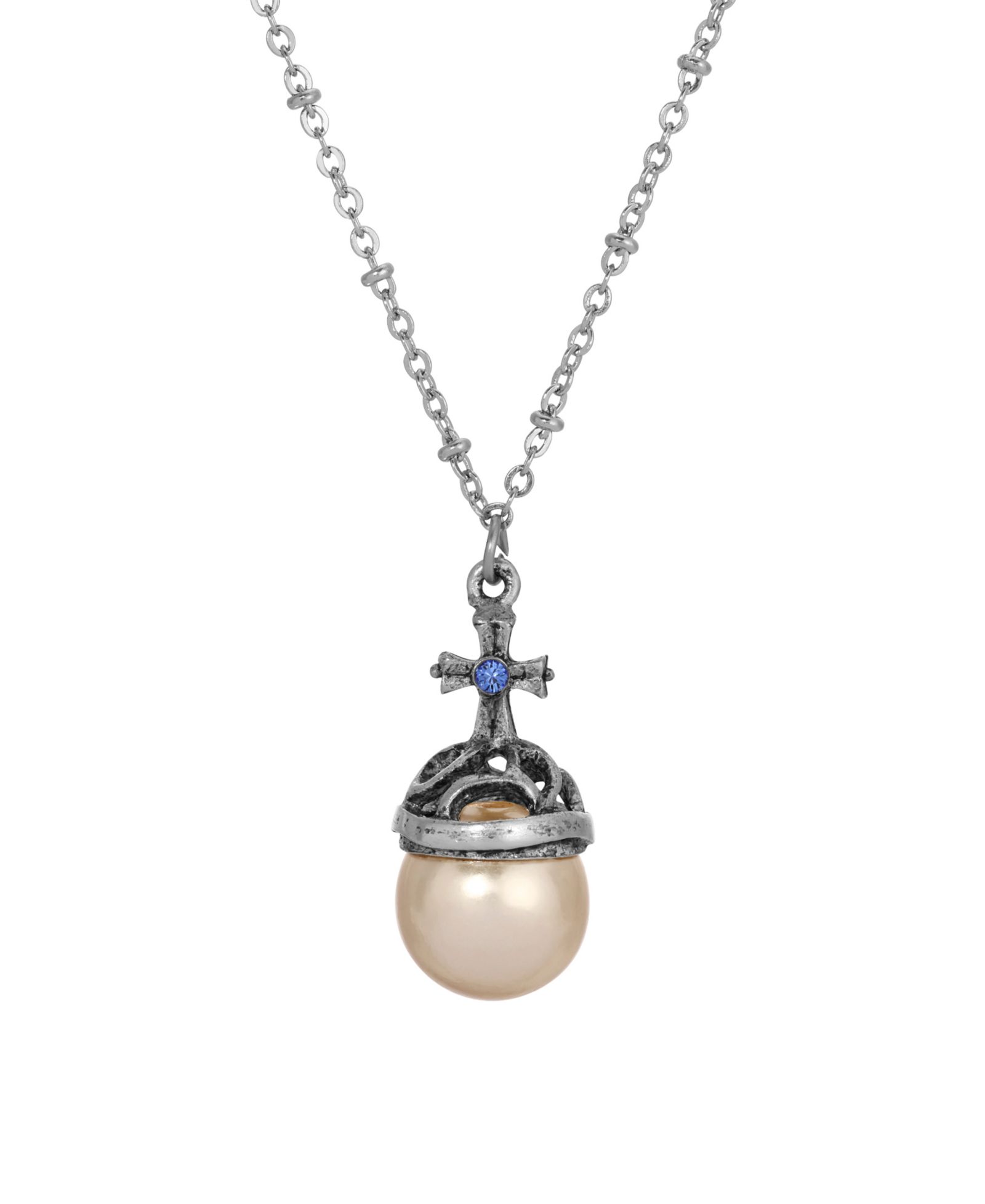 Ожерелье Symbols of Faith Silver-Tone Imitation Pearl Stone Blue Crystal Cross 16"