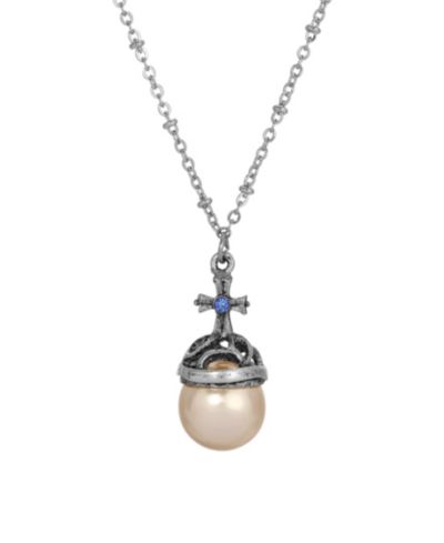 Ожерелье Symbols of Faith Silver-Tone Imitation Pearl Stone Blue Crystal Cross 16"