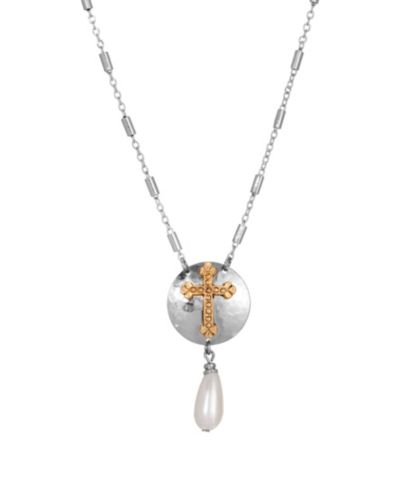 Symbols of Faith Silver-Tone 14k Gold Dipped Cross Drop Imitation Pearl 16"+3" Necklace