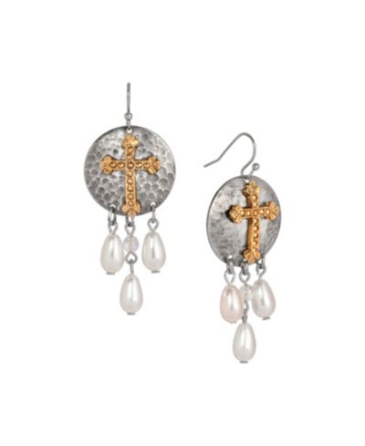 Серьги Symbols of Faith Silver Tone 14k Gold Dipped Cross с искусственным жемчугом