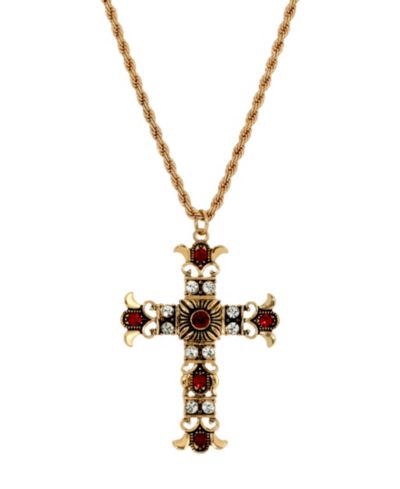Symbols of Faith Gold-Tone Cross Clear Crystals Siam Beads 16"+3" Necklace