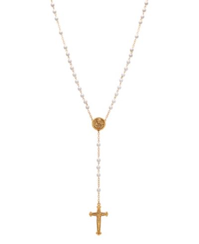 Symbols of Faith Gold-Tone White Bead Virgin Mary Locket Rosary