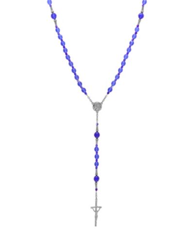 Symbols of Faith Silver-Tone Blue Bead Virgin Mary Crucifix Rosary