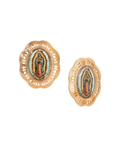 Серьги-клипсы Symbols of Faith Gold Tone Oval Our Lady of Guadalupe Decal