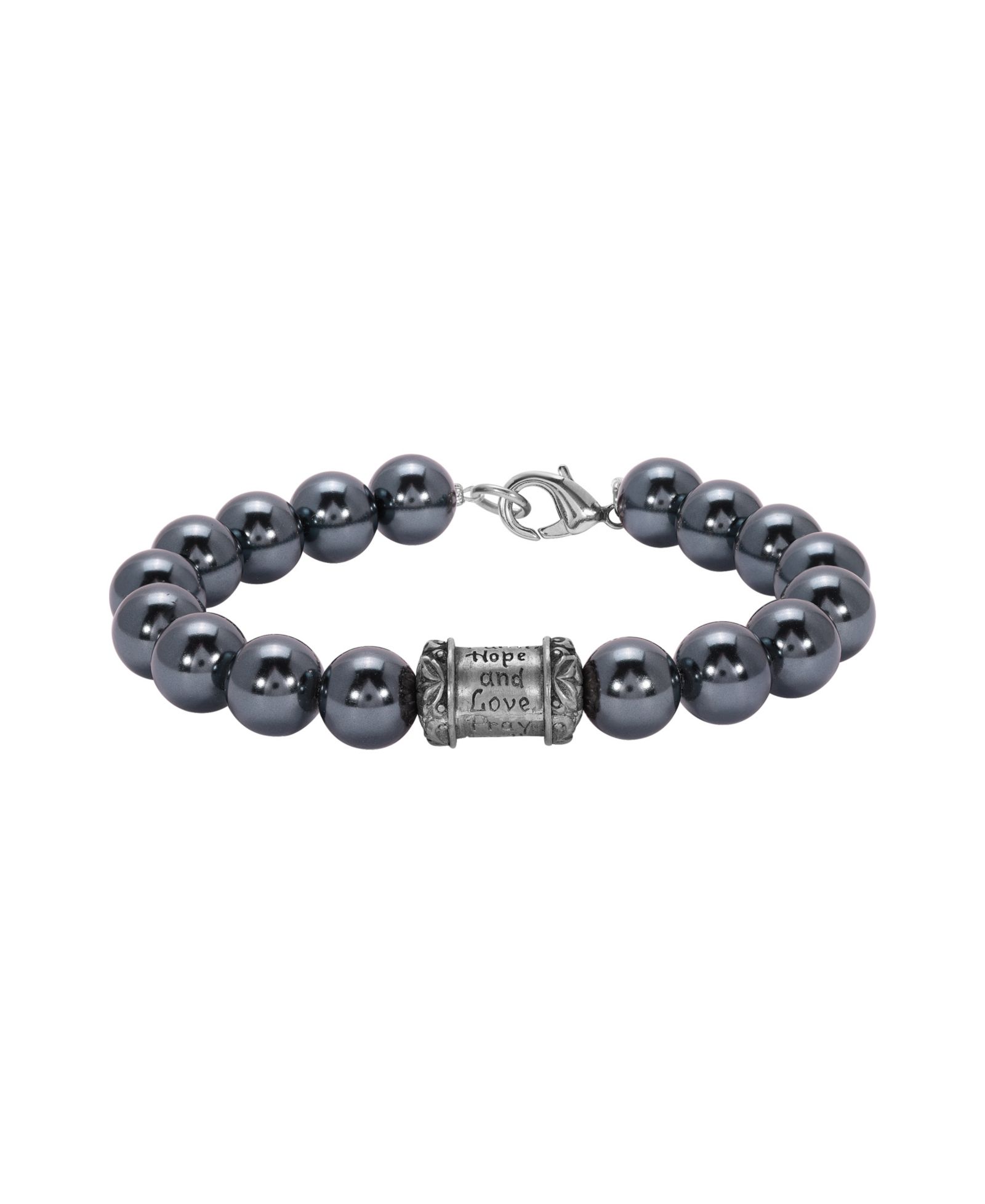 Symbols of Faith Silver-Tone Glass Black Imitation Pearl Prayer Bead Bracelet