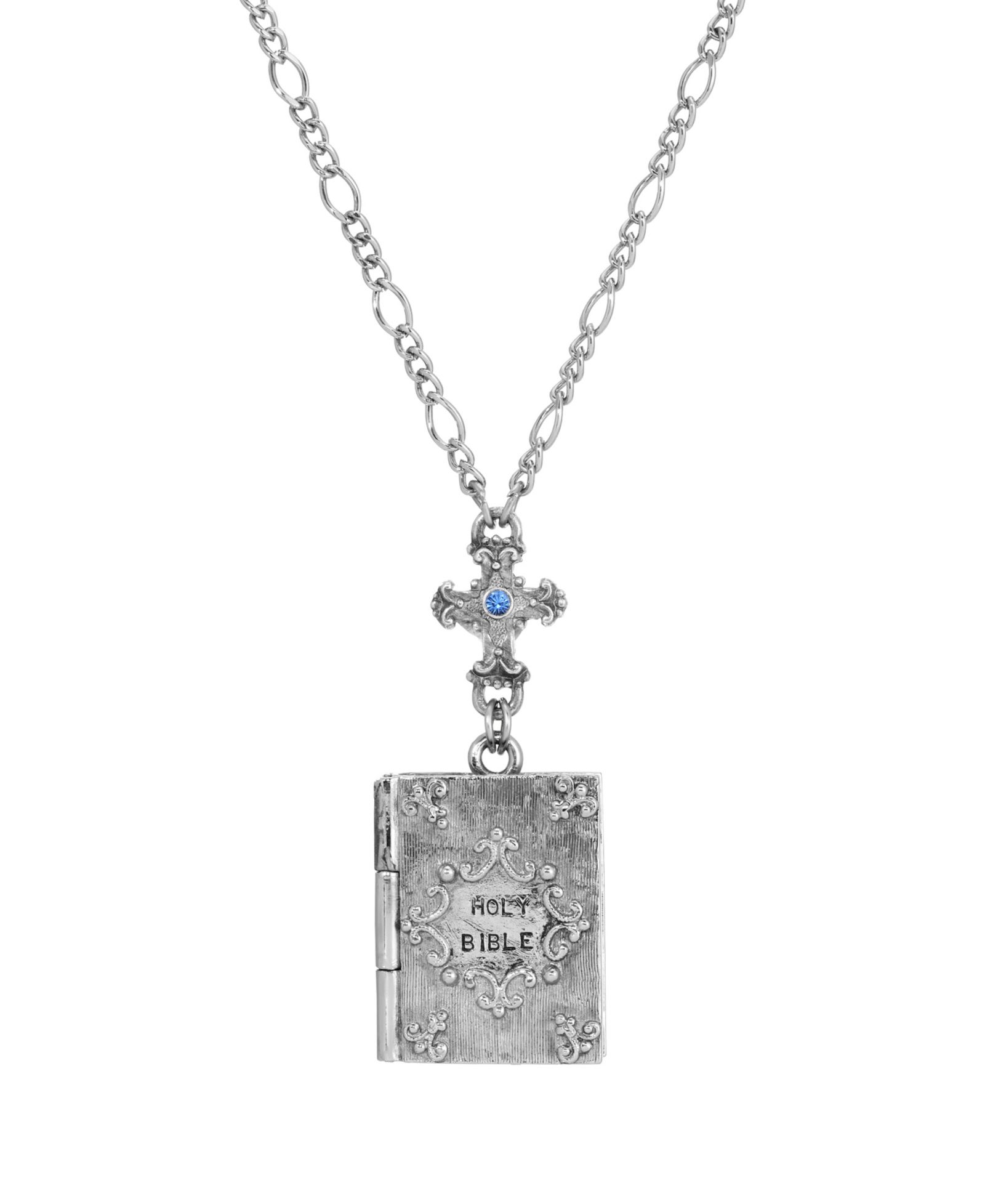 Ожерелье Symbols of Faith Silver Tone Cross Blue Sapphire Stone Bible Locket Holy Family 28"