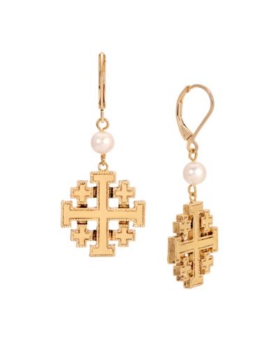 Серьги Symbols of Faith Gold Tone с искусственным жемчугом и крестом Иерусалима