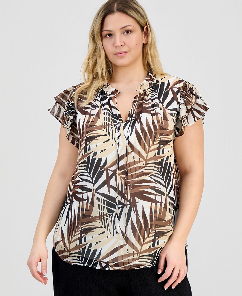 Anne Klein Plus Size Ruffle-Sleeve Tie-Neck Blouse