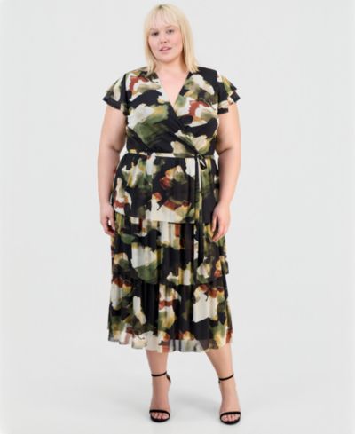 Anne Klein Plus Size Printed Tiered V-Neck Midi Dress