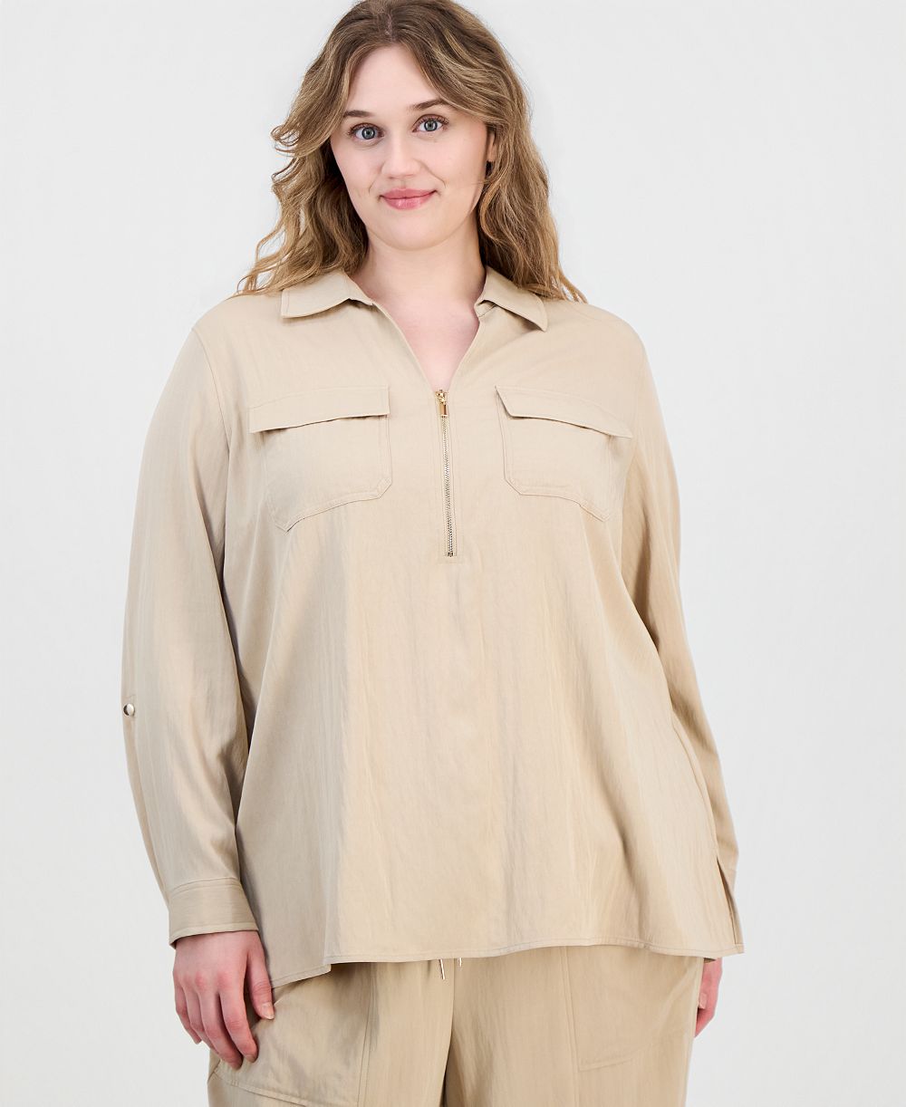 Anne Klein Plus Size Collared Half-Zip Long-Sleeve Top