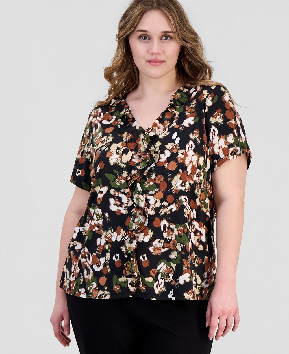 Топ Anne Klein Essentials Plus Printed Ruffle-Trim Short-Sleeve
