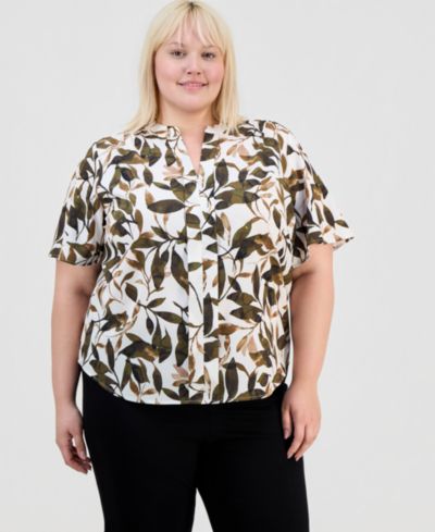 Anne Klein Essentials Plus Printed Flutter-Sleeve Top