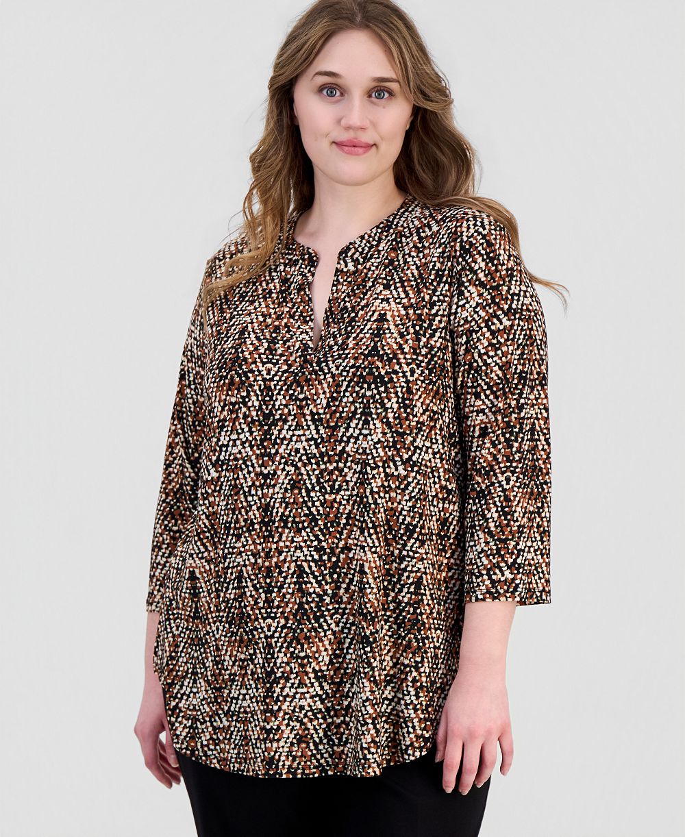 Anne Klein Essentials Plus Size Printed Split-Neck 3/4-Sleeve Top