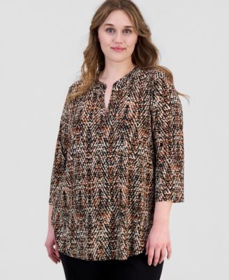 Anne Klein Essentials Plus Size Printed Split-Neck 3/4-Sleeve Top