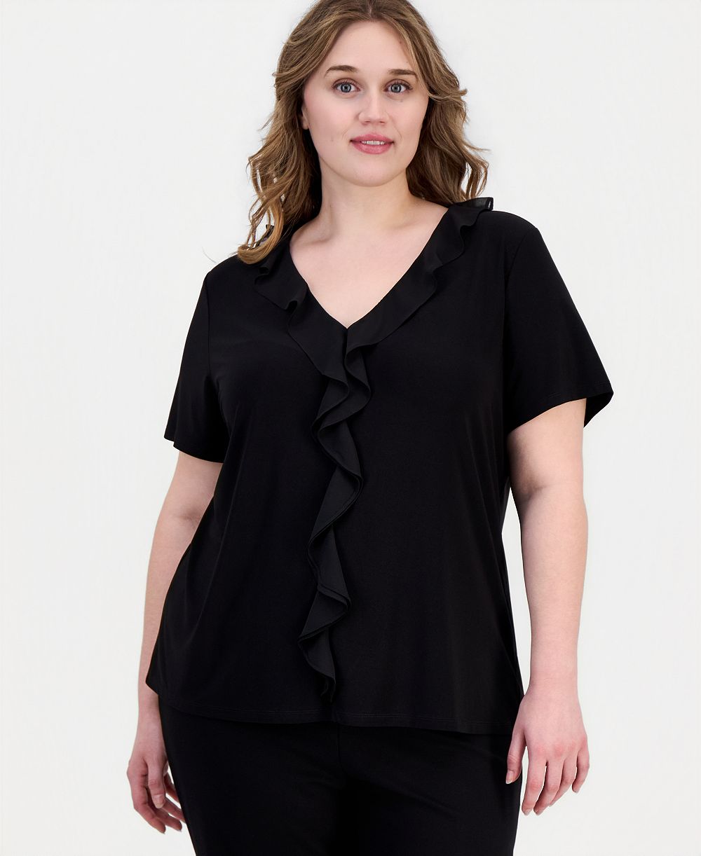 Топ Anne Klein Essentials Plus Ruffle-Trim V-Neck