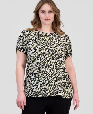 Anne Klein Essentials Plus Size Printed Tulip-Sleeve Top