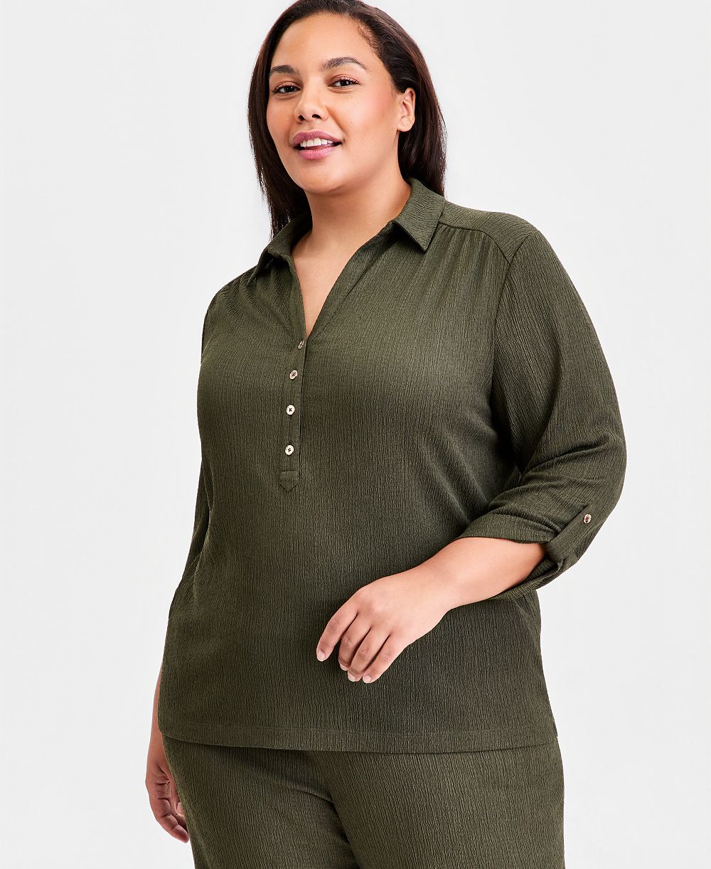 Anne Klein Essentials Plus Size Collared 3/4-Sleeve Blouse
