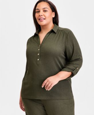Anne Klein Essentials Plus Size Collared 3/4-Sleeve Blouse